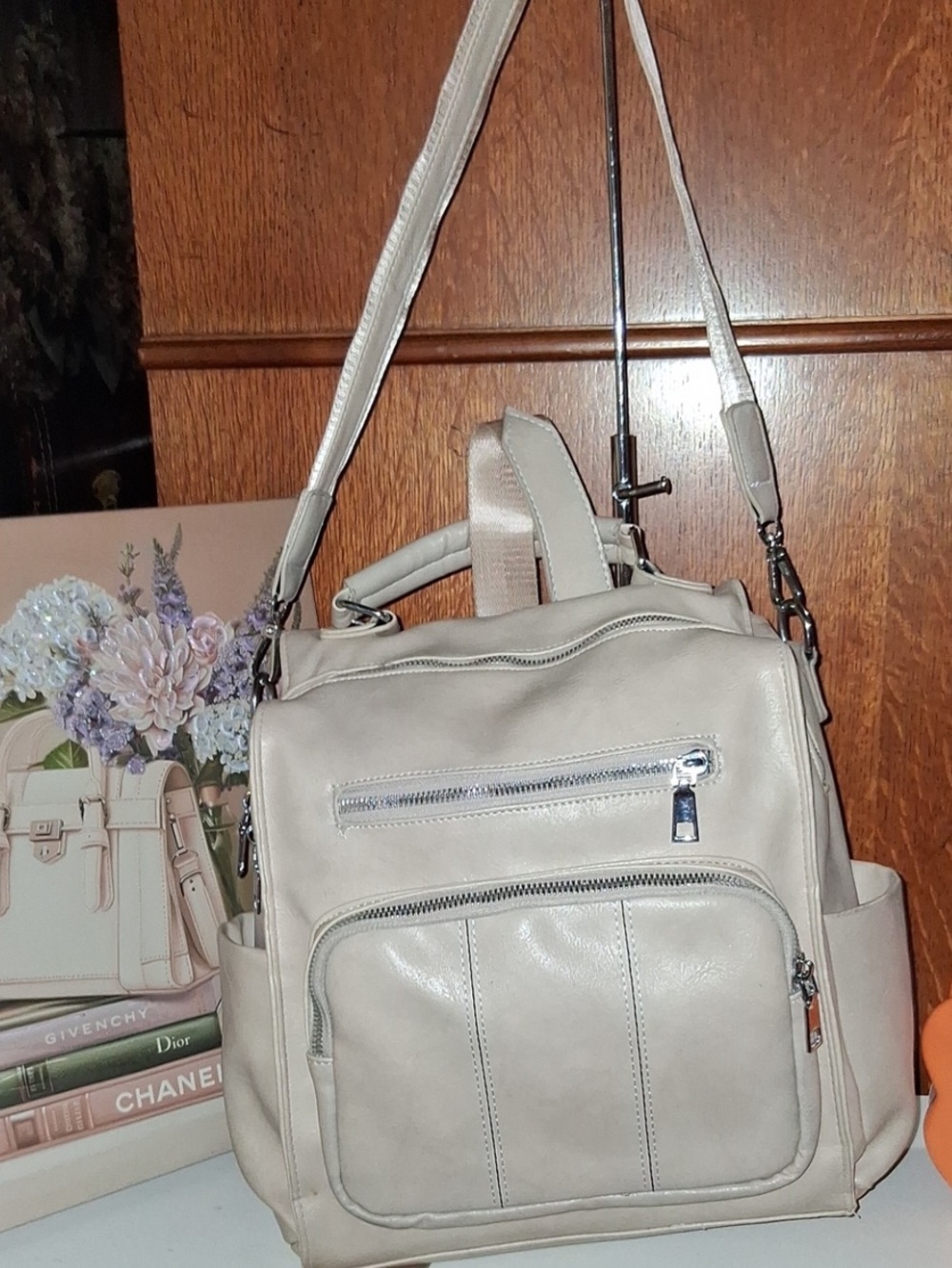 Women’s Leather Backpack Handbag in Light Beige